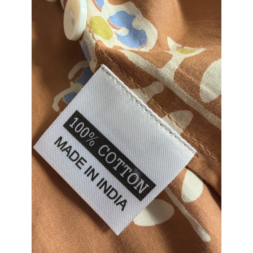 Livro Brown Floral Block Print Button Down Shirt Cotton Band Collar and Skirt - Picture 9 of 15